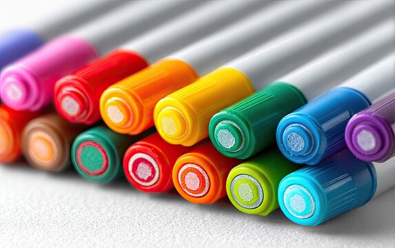 Macro shot of colorful markers, highlighting their tips, arranged on a white surface