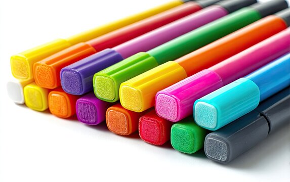 Close-up of colorful markers, arranged diagonally, showcasing vivid rainbow hues, against white