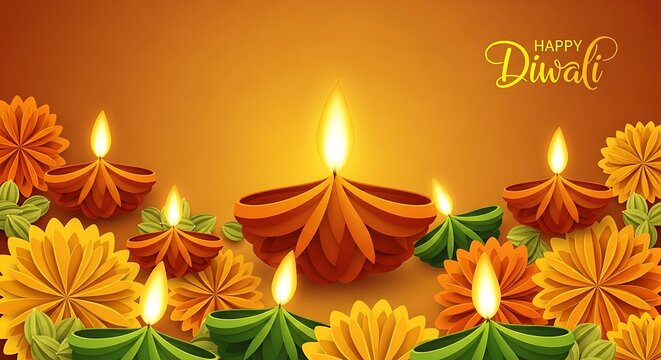 Radiant Diwali - Lit Diyas and Floral Decorations for a Festive Celebration.