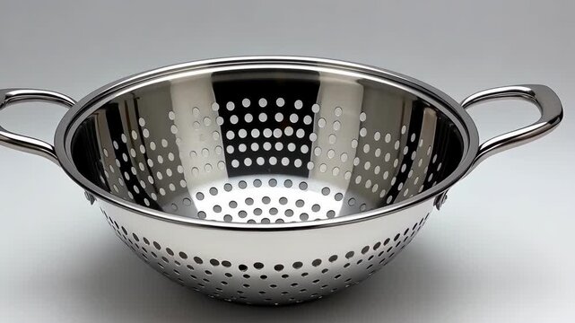 Shiny stainless steel colander with handles on a white background. Kitchenware.
