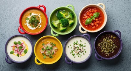 A colorful assortment of seven different types of soup in individual bowls, showcasing variety and healthy eating options