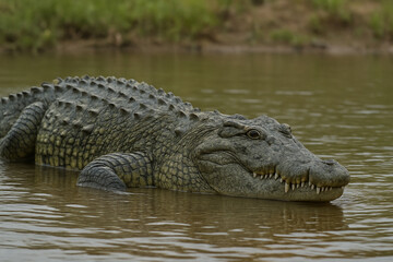 Fototapeta premium A large crocodile with spiky, armored skin is partially submerged in a murky river.