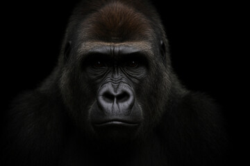 Obraz premium A powerful, close-up portrait of a silverback gorilla on a black background