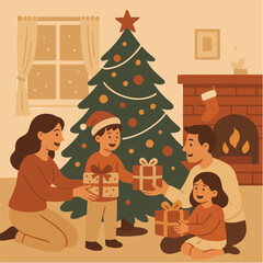 Family exchanging wrapped Christmas presents under decorated tree at home

