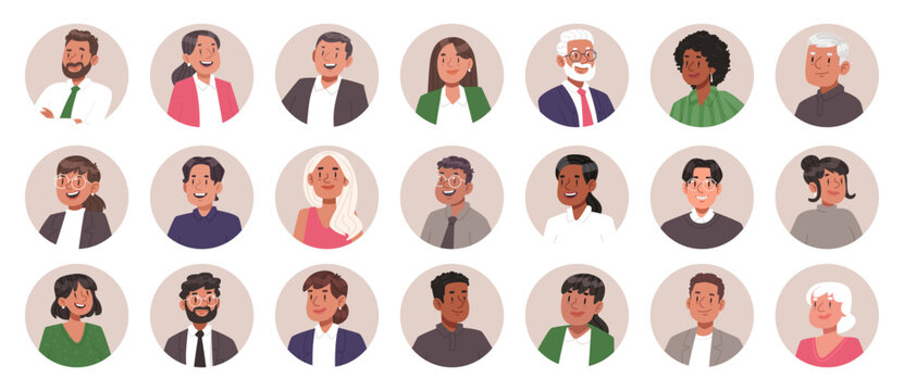 Set of multicultural business avatars of men and women in a circle. Vector illustration