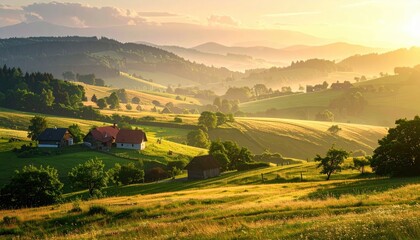 Naklejka premium Golden Hour Sunrise Over Rolling Hills With Distant Village And Mist In The Valley