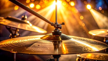 Close up of a drum cymbal with a drumstick and stage lights.