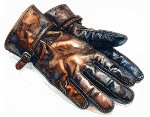 Watercolor painting style illustration, an isolated pair of smooth leather gloves with a decorative buckle strap, perfect for winter and luxury fashion