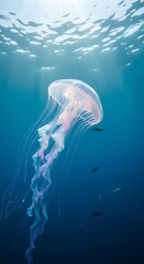 Majestic Jellyfish Gracefully Swimming in Deep Blue Ocean Waters.