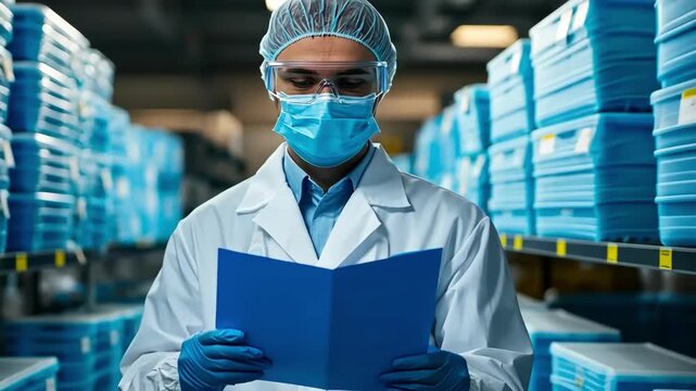 Scientist in protective gear reviewing documents in a sterile warehouse setting.