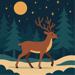 Reindeer walking in snowy forest under moonlight, peaceful winter illustration
