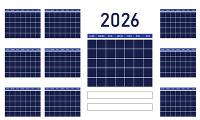 Year 2026 annual calendar template in shades of blue with blank month grids and week days for comprehensive planning and essential scheduling events
