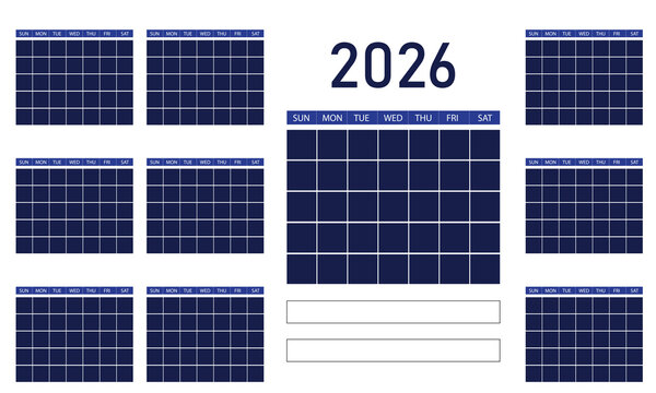 Year 2026 annual calendar template in shades of blue with blank month grids and week days for comprehensive planning and essential scheduling events