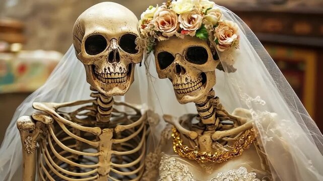 Skeletal bride and groom in wedding attire, a spooky yet romantic scene.