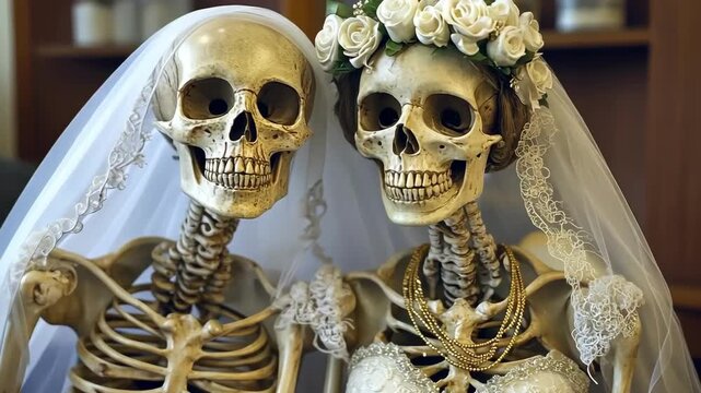 Skeletal bride and groom in wedding attire, a spooky and humorous scene.
