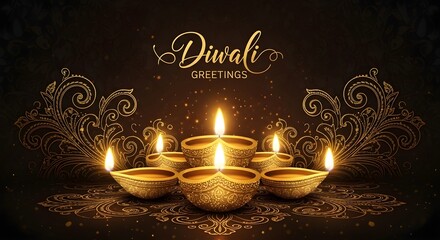 Golden Diwali Greetings: Glittering Diya Lamps with Luxurious Gold Filigree