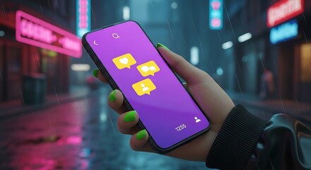 Smartphone Displaying Notifications in a Neon Lit Street.