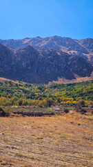 Autumn mountain valley with dry soil, golden foliage, and rugged peaks under clear blue sky — a vivid seasonal contrast.  
📍Hazarani, Hawraman