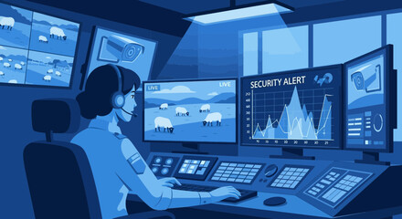 Fototapeta premium Centralized monitoring station: A technician overseeing surveillance footage