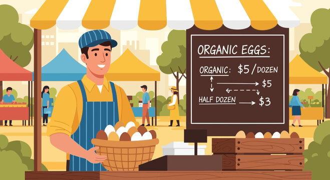 Illustration of a farmer selling organic eggs at a vibrant local market stall - Powered by Adobe