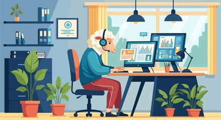 Fototapeta premium Illustrative depiction of a sheep working at a computer desk in a cozy office setting