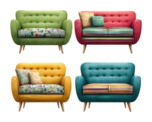 Colorful vintage sofas displayed in modern living room isolated on transparent background