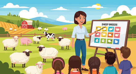 Animated farm lesson about different sheep breeds presented to attentive kids