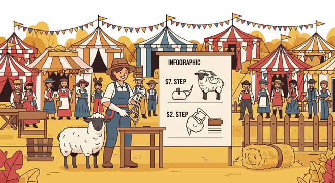 Rural fair scene: A woman presents sheep shearing steps at a livestock exhibit