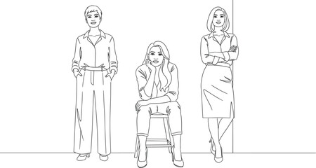 Fototapeta premium Minimalist line art illustration—three stylish individuals in modern outfits, casual and confident poses, fashion and identity theme, black-and-white vector 