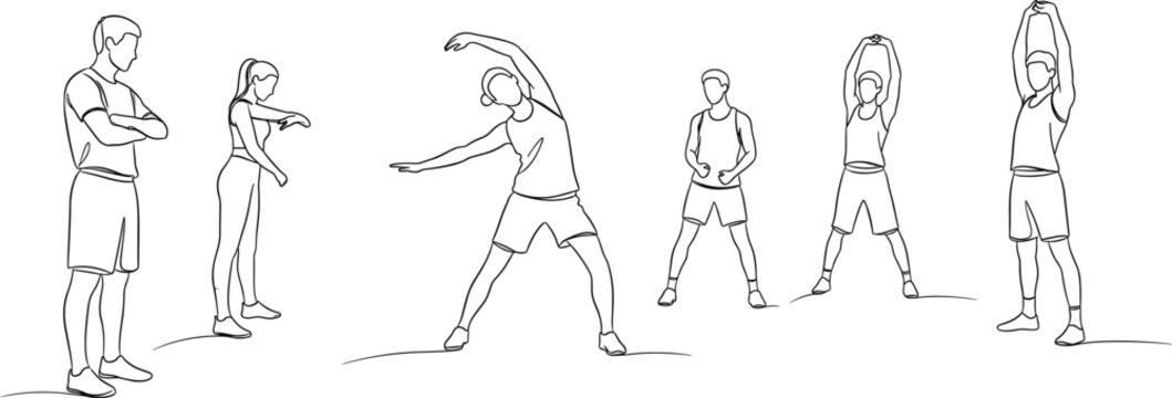 Group exercise illustration&mdash;six people stretching and warming up in coordinated poses, minimalist black-and-white continuous line art vector 