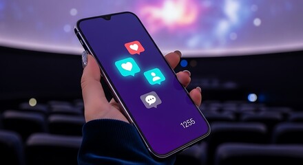 Smartphone displaying social media icons in a dark room with blurred background.