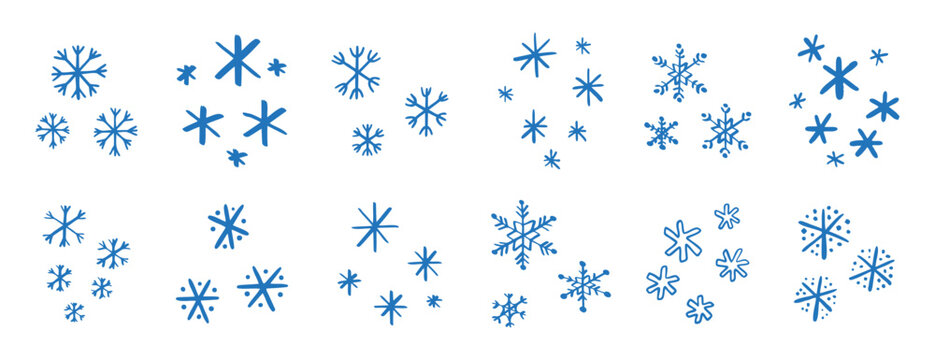 chalk pencil drawing blue snowflakes set. Snowflake doodle hand drawn cute style elements. Winter or Christmas concept.