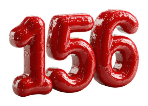 Vibrant red number 156 display installation contemporary isolated on transparent background