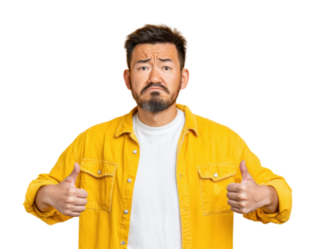 Man making thumbs up gesture environment portrait isolated on transparent background