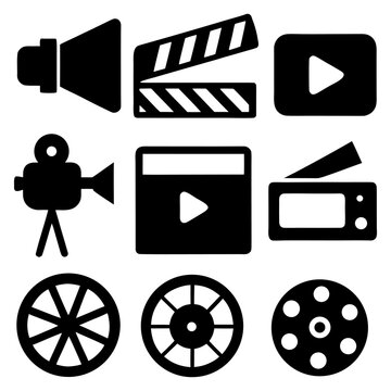 Play Pause Camera Record Video Clip Icon Set on White Background.