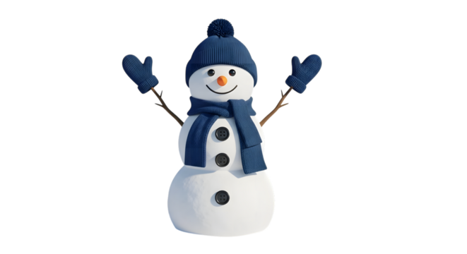 Cute snowman wearing blue scarf and hat with mittens isolated on transparent background - Powered by Adobe