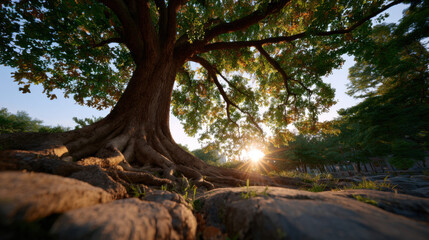 Fototapeta premium Wide Angle Cinematic View of a Towering Ancient Tree at Sunset