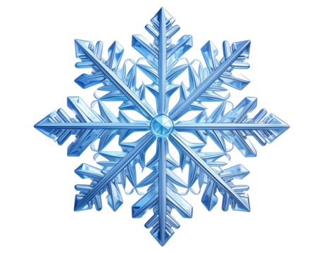 Crystal Snowflake Ornament with Icy Reflections, Front View, isolated on transparent background