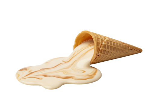 Melted Ice Cream Cone - Dropped Vanilla Swirl Dessert on White Background