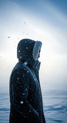 Person Facing Cold Wind. Wrapped in Blanket Under Winter Breeze.