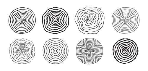 Fototapeta na wymiar tree rings background and saw cut tree trunk icon doodle hand drawn. Outline wood circle line drawing clipart symbol