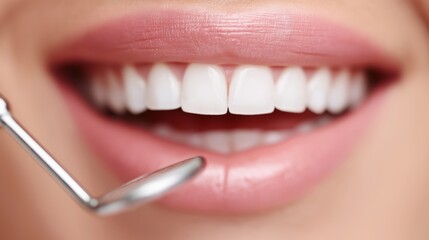 Fototapeta premium Close-up of smiling female with perfect white teeth and dental mirror