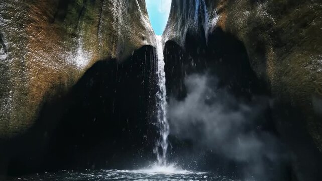 dark earthy waterfall - A stunning rock cavern with cascading water flowing down from an above opening, surrounded by smooth, dark stone walls, creating a serene and majestic atmosphere