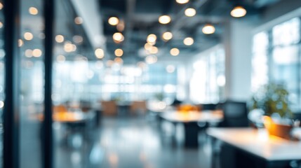 Obraz premium A blurred view of a modern office space featuring bright lights and desks, creating a warm and inviting atmosphere.