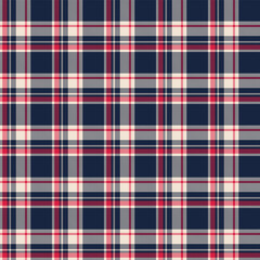 Classic plaid fabric pattern in navy, red, and cream with balanced crisscrossed lines, ideal for seamless fashion and cozy textile designs