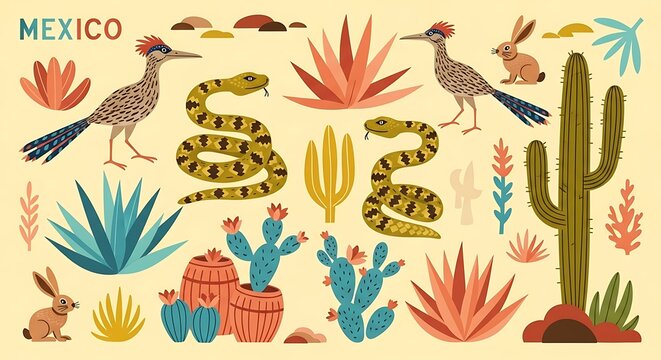 Mexican Desert Wildlife Illustration with Roadrunners, Snakes, and Cacti.