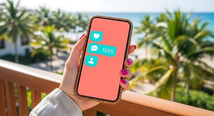 Smartphone in hand with social media icons on screen.