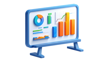 Isometric chartboard with colorful graphs pie, bar, line. Light blue frame, white board. Isolated on black background