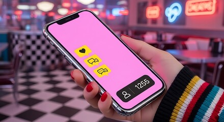 Smartphone screen displaying social media notifications in a retro diner setting.