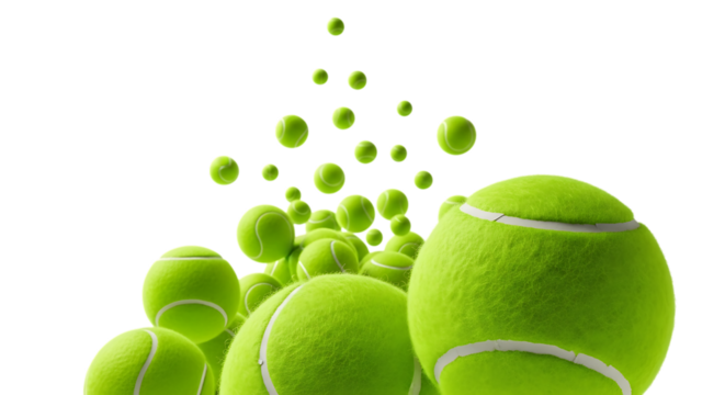 A pile of tennis balls with some floating in the air isolated on transparent background - Powered by Adobe